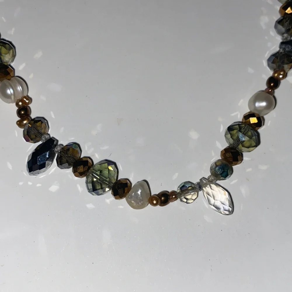 Beaded Necklace Featuring Grey, Brown and White Beads Including Pearls 17” L